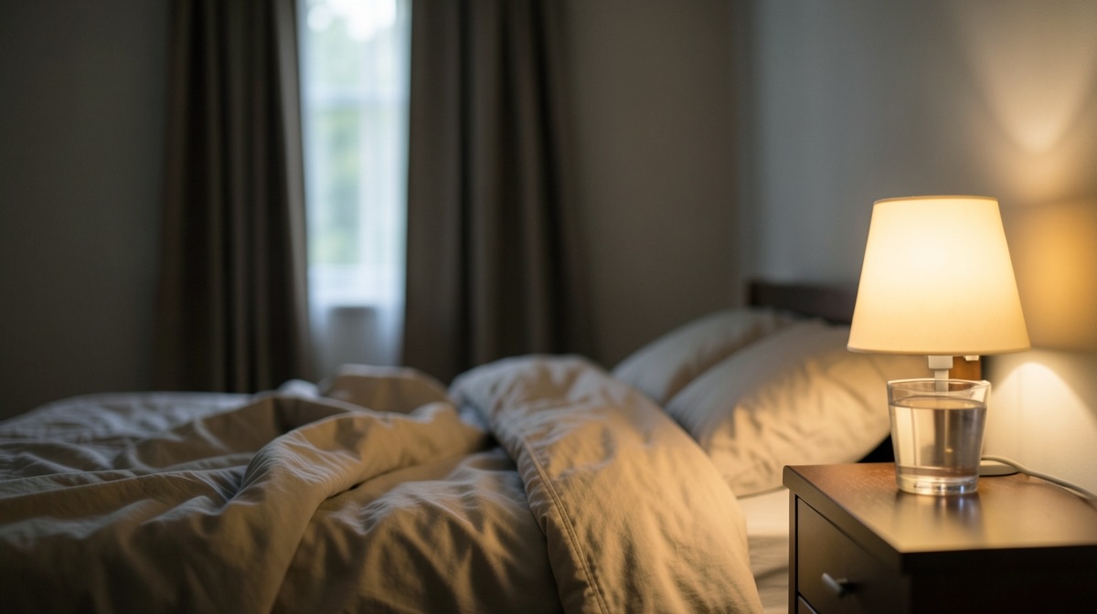 Quarto de dormir vazio à noite, com abajur aceso, cama desfeita e um copo de água na mesa de cabeceira
