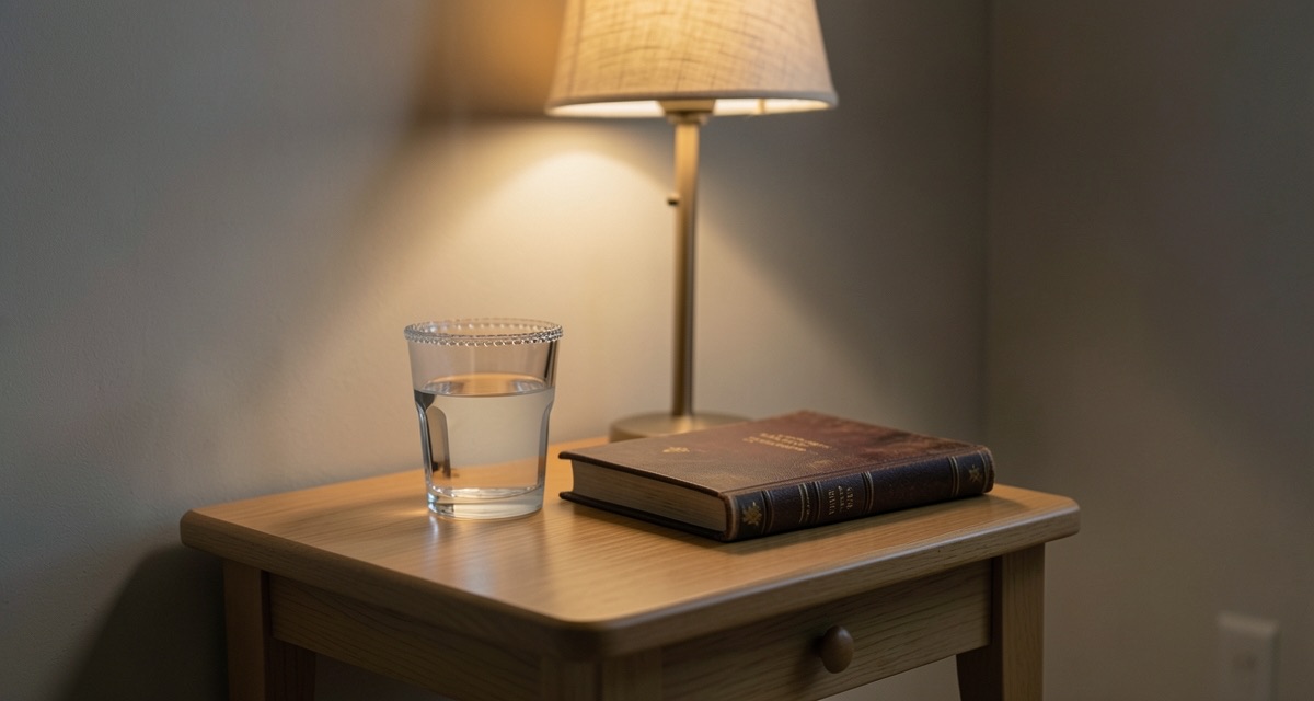 Mesa de cabeceira com copo de água e livro infantil fechado sob a luz baixa de um abajur